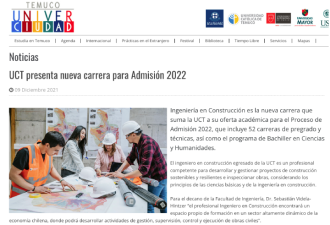 UCT presenta nueva carrera para Admisión 2022